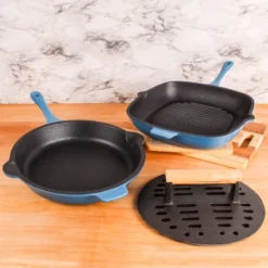 BergHOFF Neo 3Pc Cast Iron Cookware Set, Fry Pan 10", Square Grill Pan 11" & Slotted Steak Press