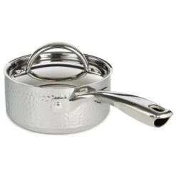 BergHOFF Vintage Tri-Ply Stainless Steel Saucepan With Stainless Steel Lid, Hammered, Silver